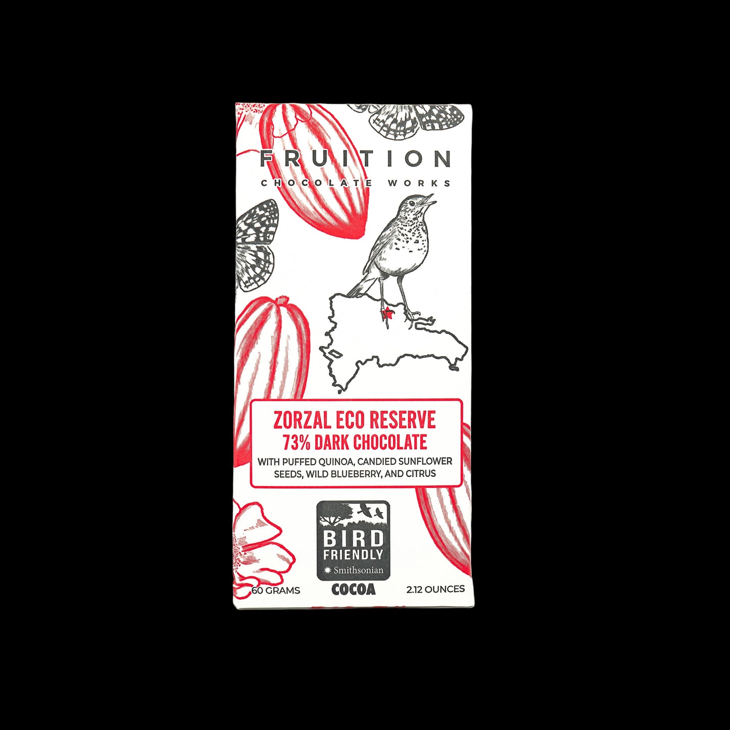 A packaged Fruition Bird Friendly Dark Chocolate bar with a bird illustration, dark chocolate pieces, and berries depicted on the packaging.